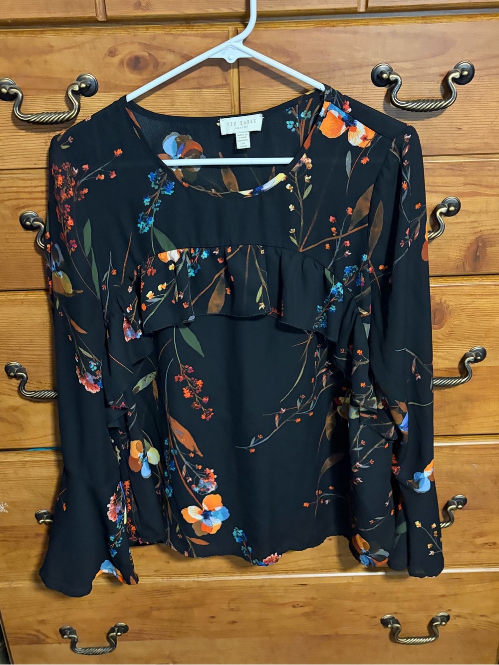 Ted Baker Black Floral Ruffle-Front Long Sleeve Blouse